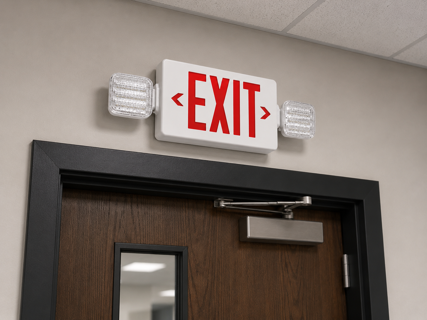 wall mounted exit sign with emergency light with battery back up . 