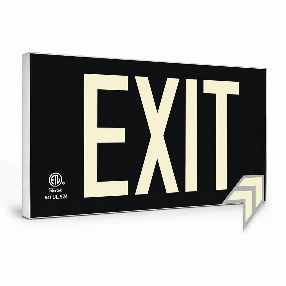 Glow in the Dark Photoluminscent Black Exit Sign, left angle view