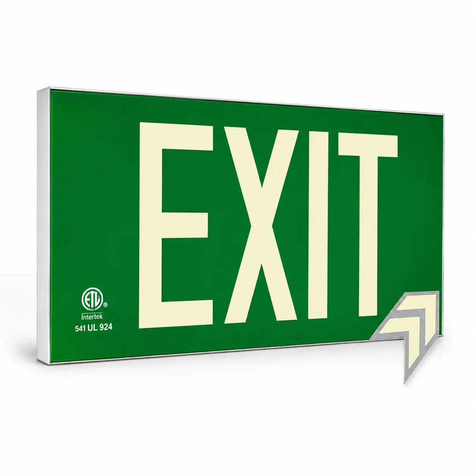 Glow in the Dark Photoluminscent Green Exit Sign, left angle view