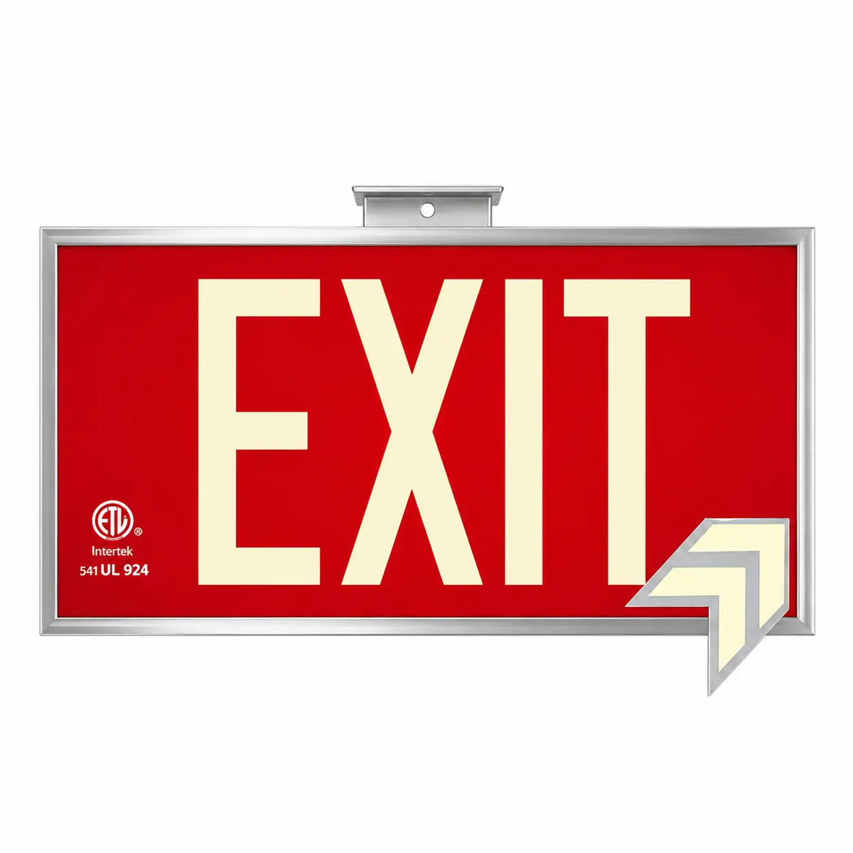 Glow in the Dark Photoluminscent Red Exit Sign, ceiling mounted view