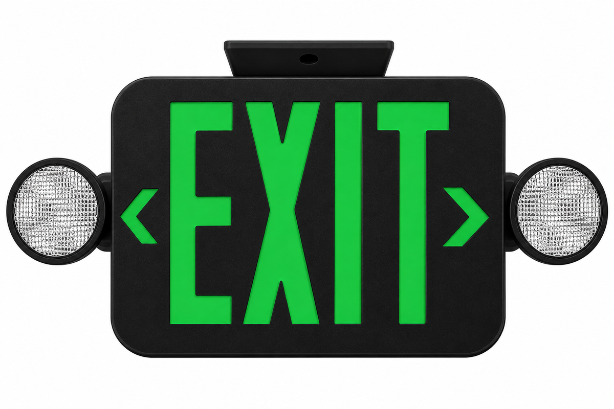 Exit sign with green letters on a black background