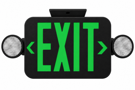 Exit sign with green letters on a black background