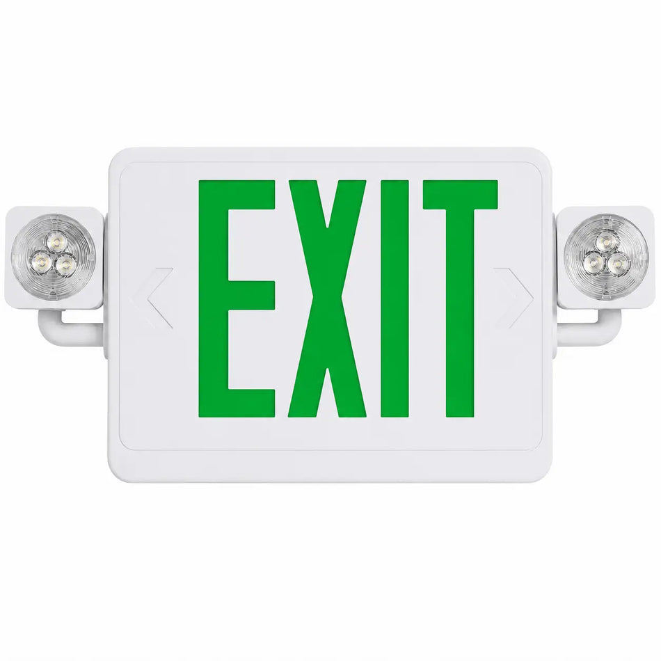 Green High Wattage Combo Exit Sign with Emergency Lights 1.5 Watts - 5 Yr Warranty, front view