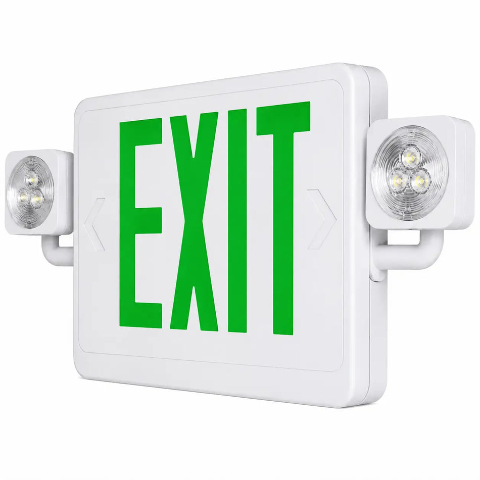 Green High Wattage Combo Exit Sign with Emergency Lights 1.5 Watts - 5 Yr Warranty, side view