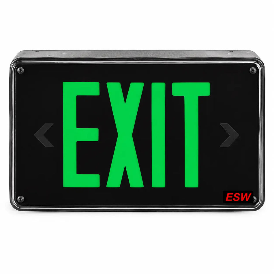 Green Wet Environment Exit Sign - Ideal for Cannabis Flower Grow Rooms (2-3 week lead time), front view