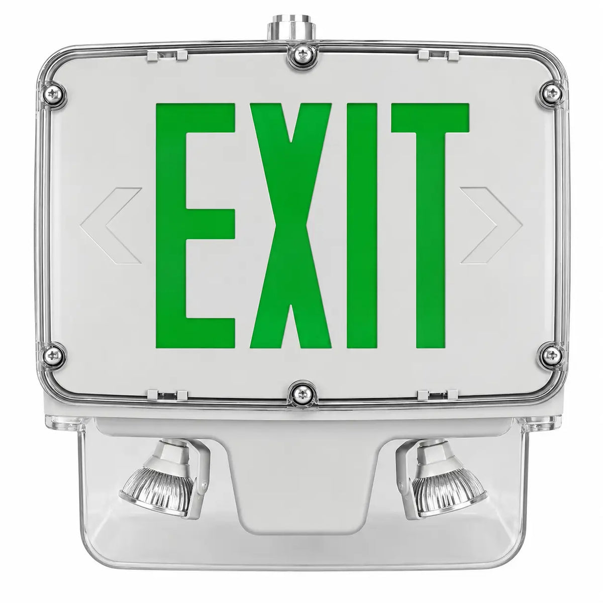 Hazardous Location Class 1 Div 2 Emergency Exit Sign with Lights, green light, white housing