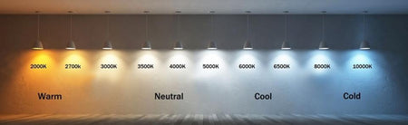 Color temperature chart on a white wall with labeled color temperatures from 2000K to 10000K.