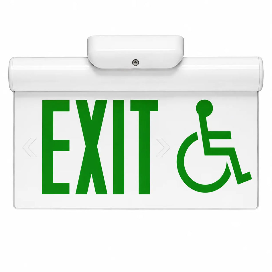Massachusetts Approved Edge Lit Exit Sign - Static Wheelchair Symbol, front green