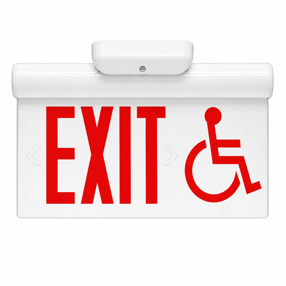 Massachusetts Approved Edge Lit Exit Sign - Static Wheelchair Symbol, front red