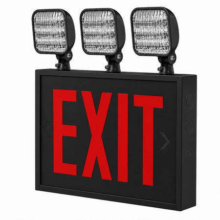 New York City Steel Combo Exit Sign With Three LED Lamps, black housing