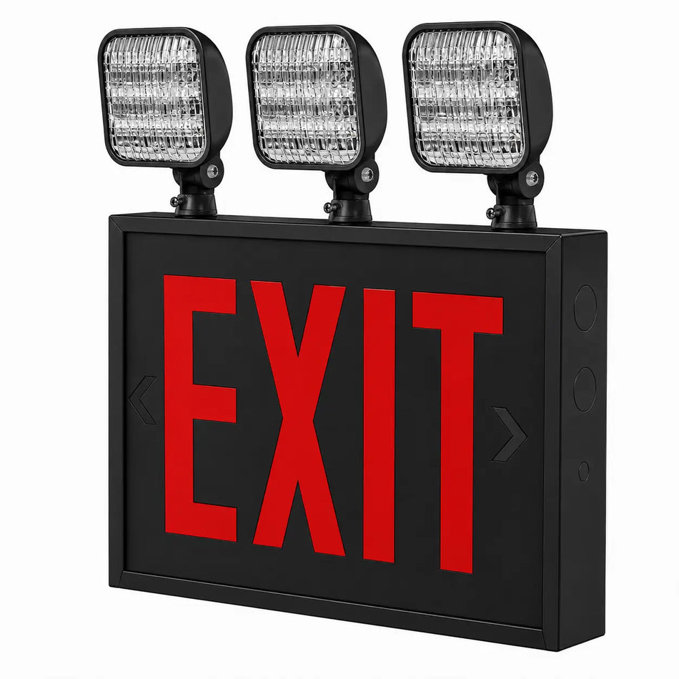 New York City Steel Combo Exit Sign With Three LED Lamps, black housing