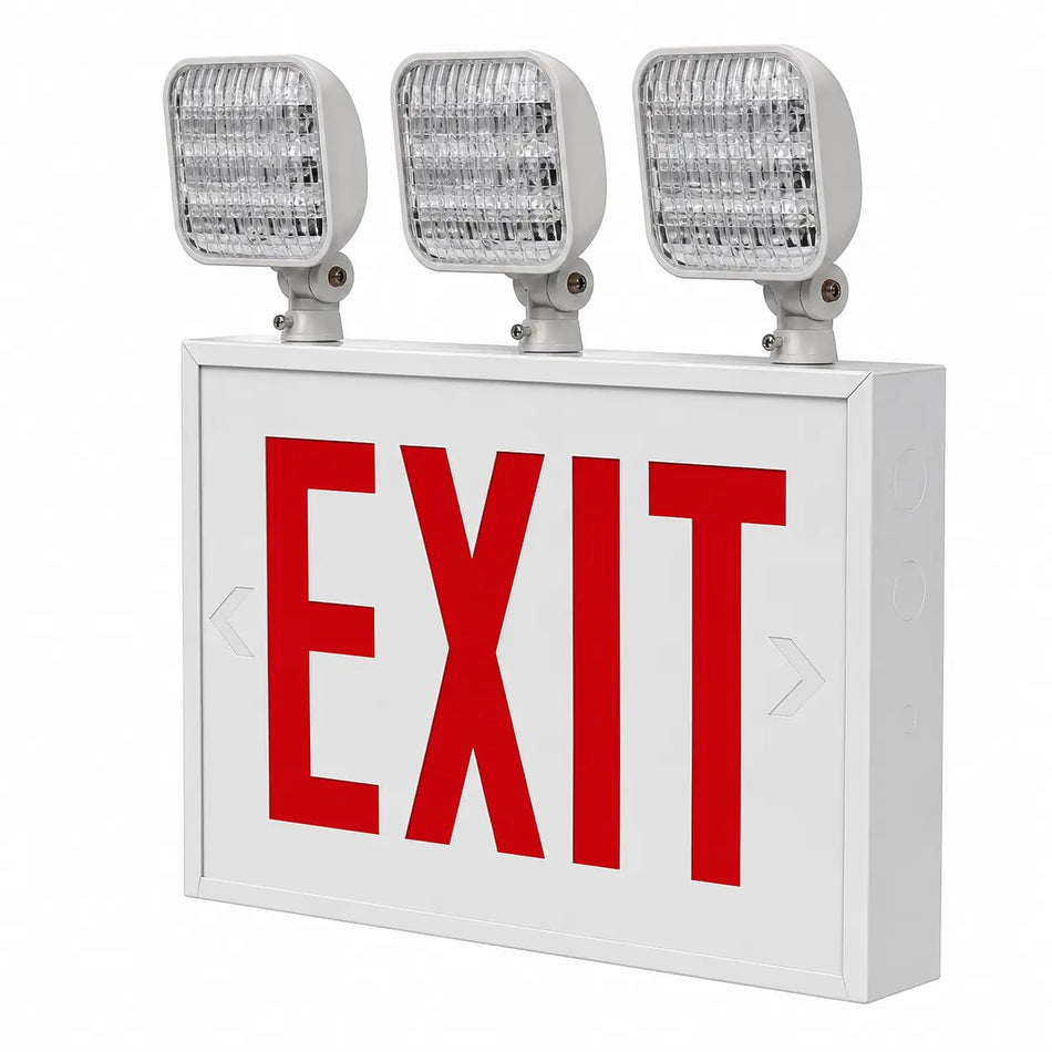 New York City Steel Combo Exit Sign With Three LED Lamps, white housing