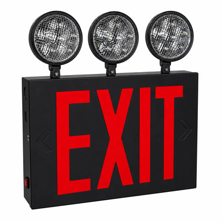 New York Combination LED Emergency Light - Three Round Lamps - Battery- UL Listed, black housing