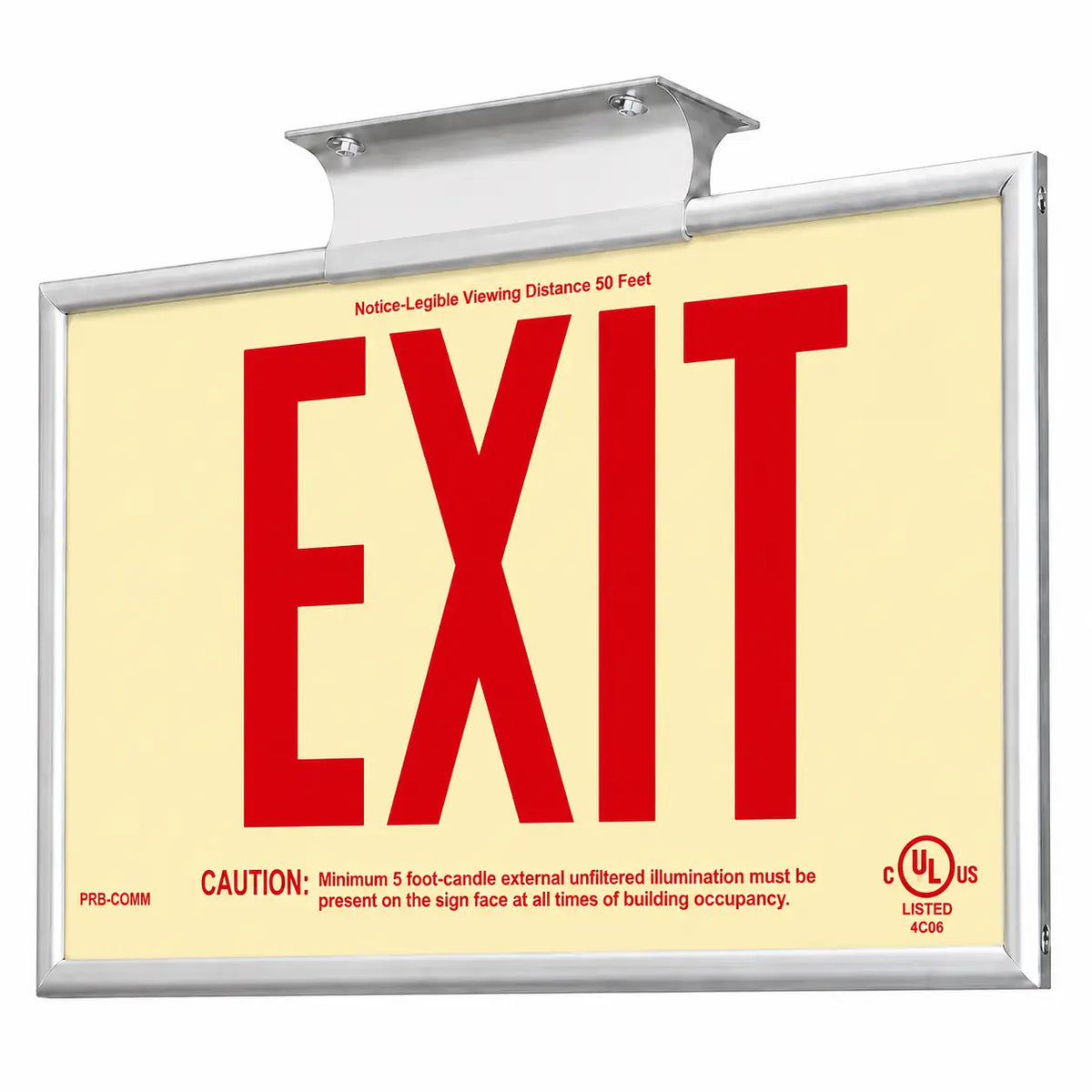 Photoluminescent Exit Sign 50 Feet Red UL Listed - Non Electric - Built In USA -25 Year Life, ceiling mounted view