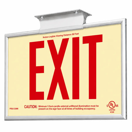 Photoluminescent Exit Sign 50 Feet Red UL Listed - Non Electric - Built In USA -25 Year Life, ceiling mounted view