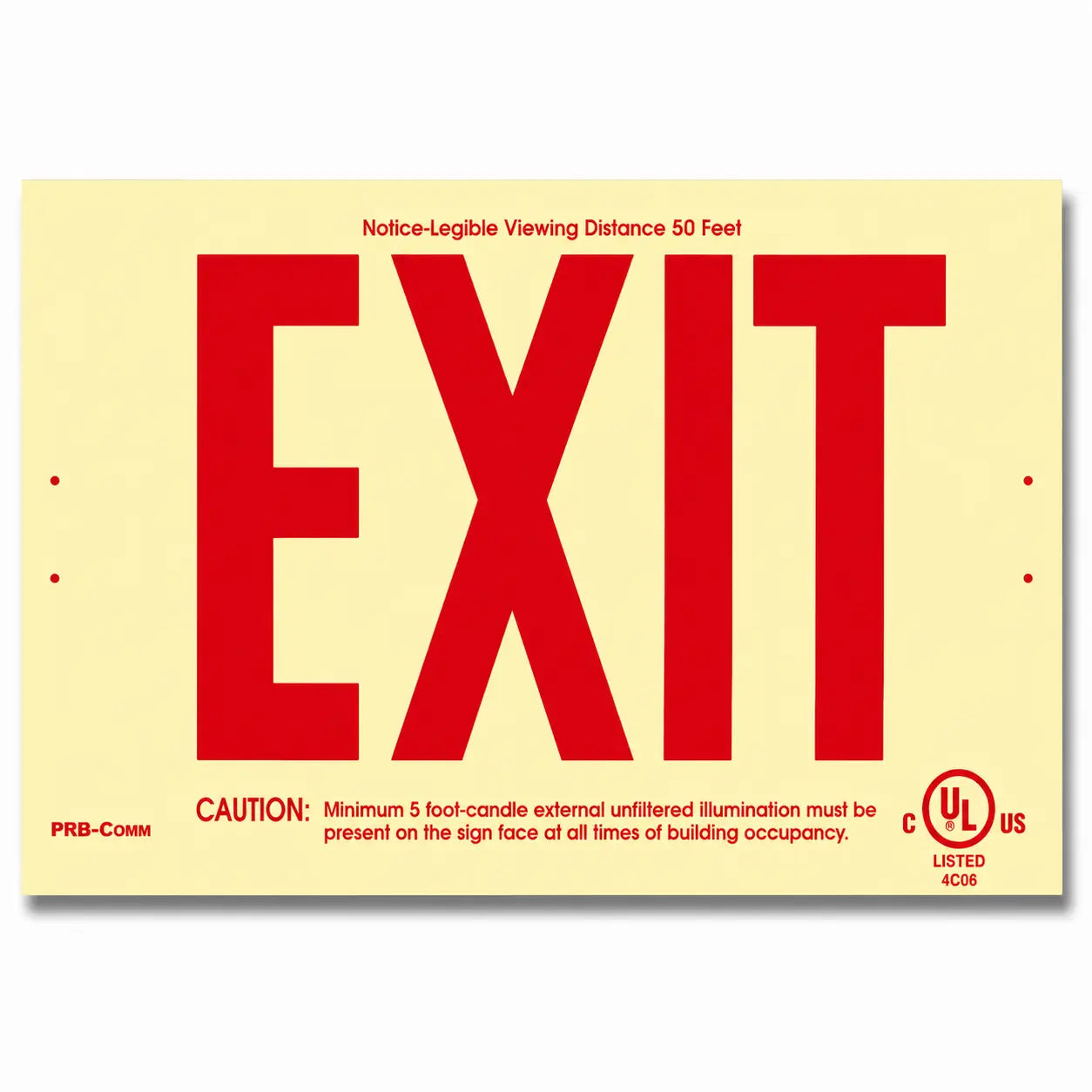 Photoluminescent Exit Sign 50 Feet Red UL Listed - Non Electric - Built In USA -25 Year Life, front view