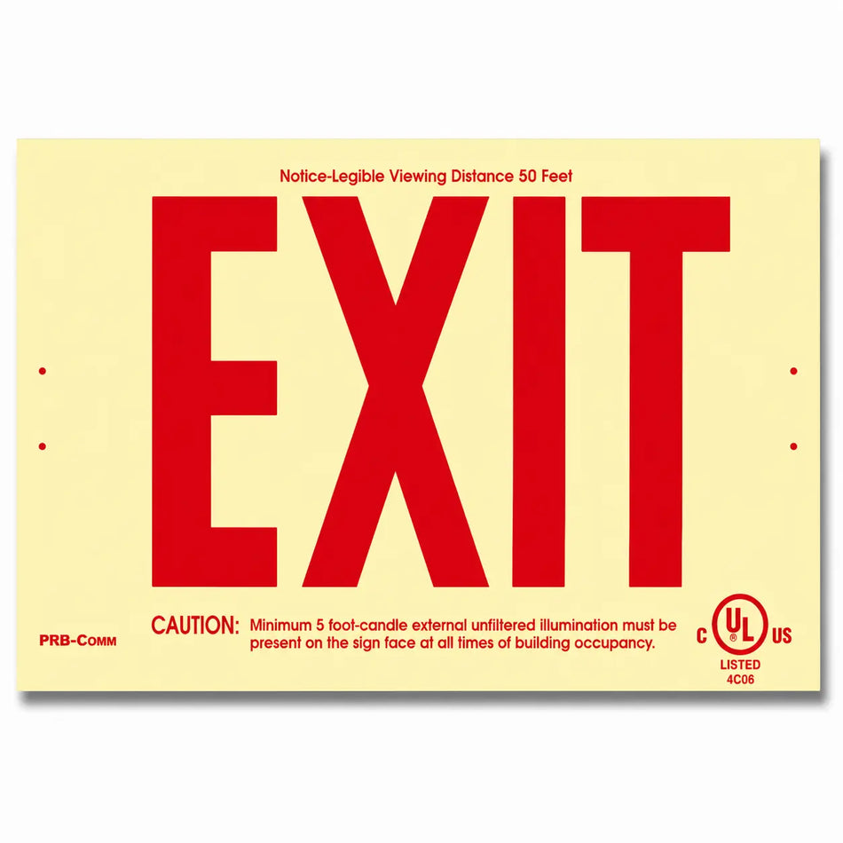 Photoluminescent Exit Sign 50 Feet Red UL Listed - Non Electric - Built In USA -25 Year Life, front view