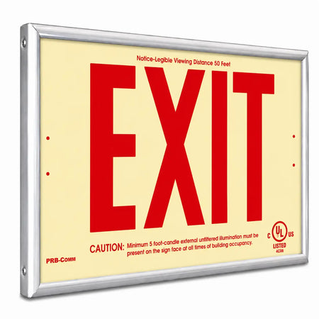 Photoluminescent Exit Sign 50 Feet Red UL Listed - Non Electric - Built In USA -25 Year Life, left angle view