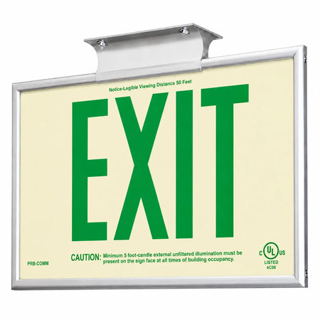 Photoluminescent Wireless Exit Sign 50 Feet Green UL Listed - Non Electric - Built in USA, ceiling mounted view