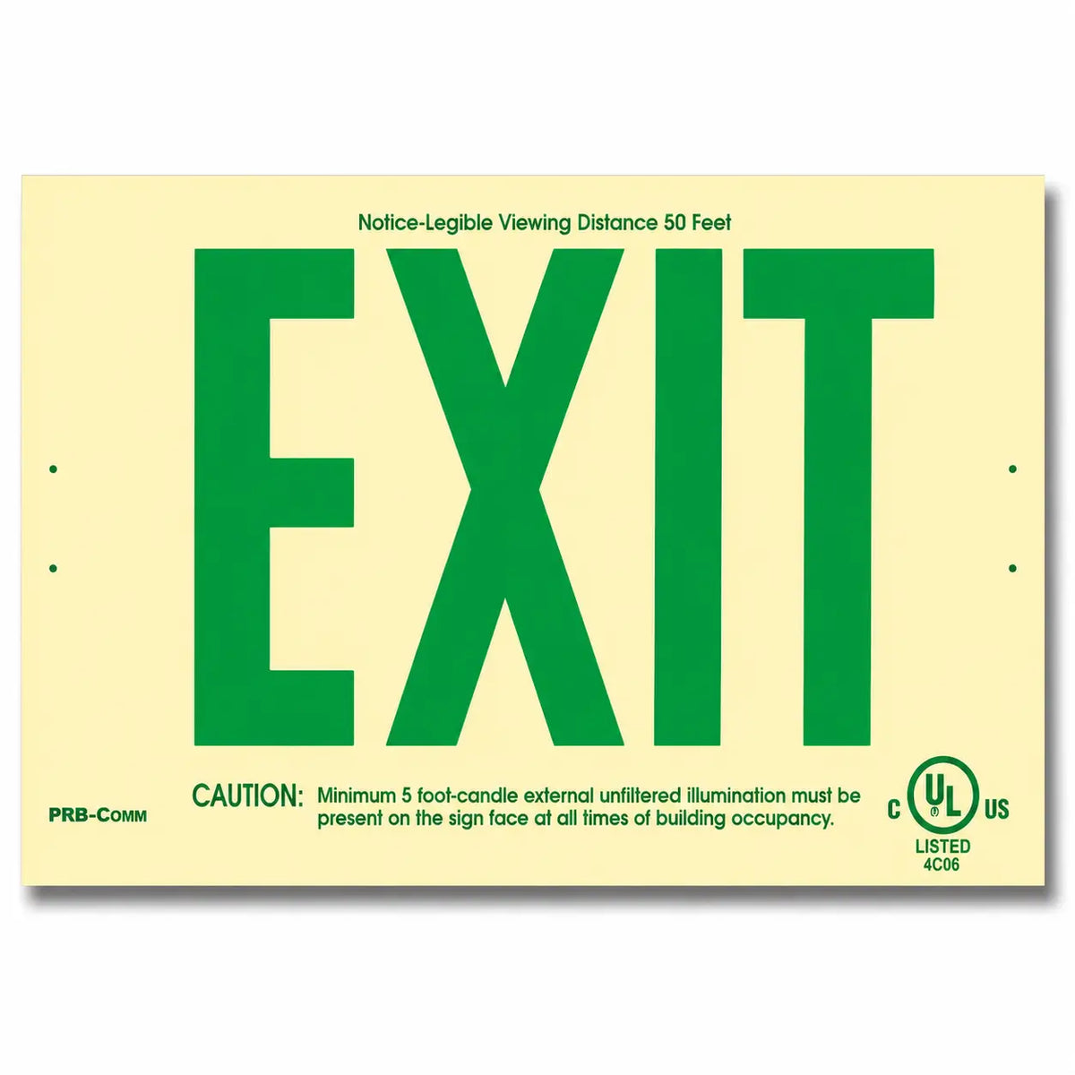 Photoluminescent Wireless Exit Sign 50 Feet Green UL Listed - Non Electric - Built in USA, front view