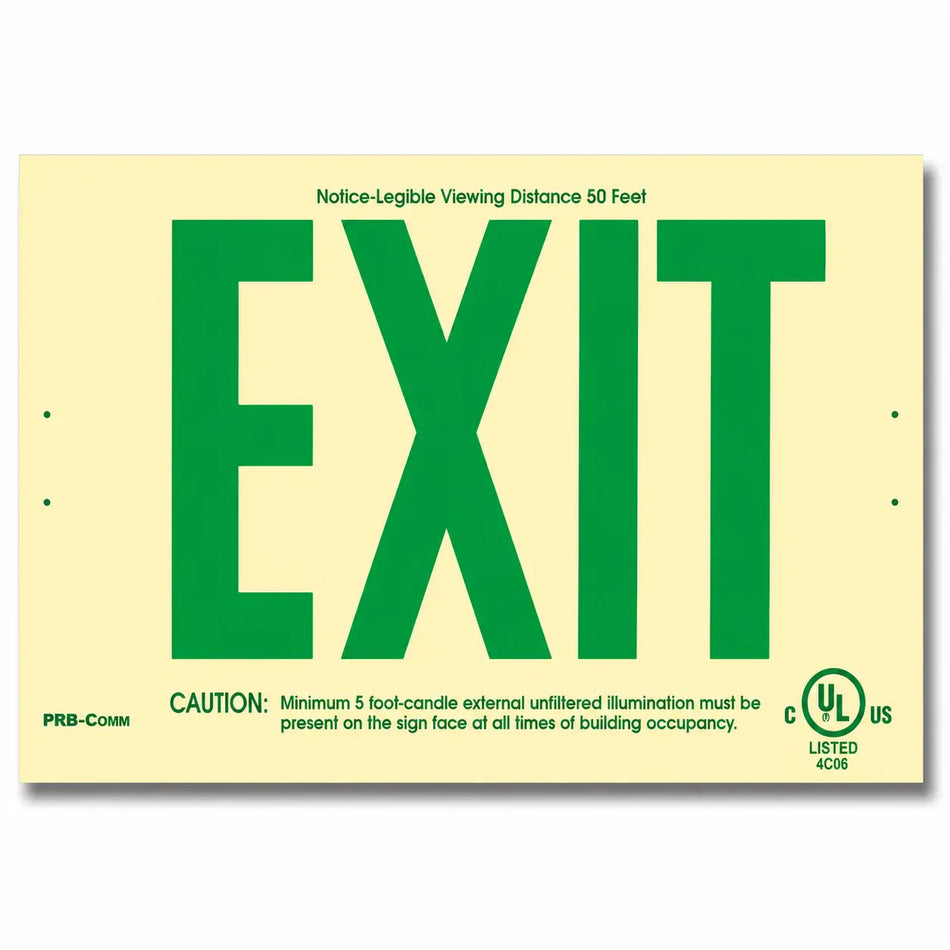Photoluminescent Wireless Exit Sign 50 Feet Green UL Listed - Non Electric - Built in USA, front view