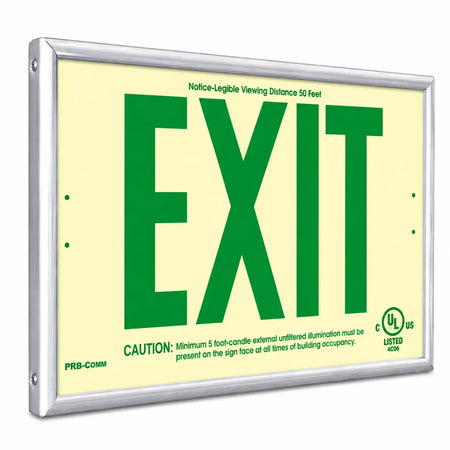 Photoluminescent Wireless Exit Sign 50 Feet Green UL Listed - Non Electric - Built in USA, left angle view
