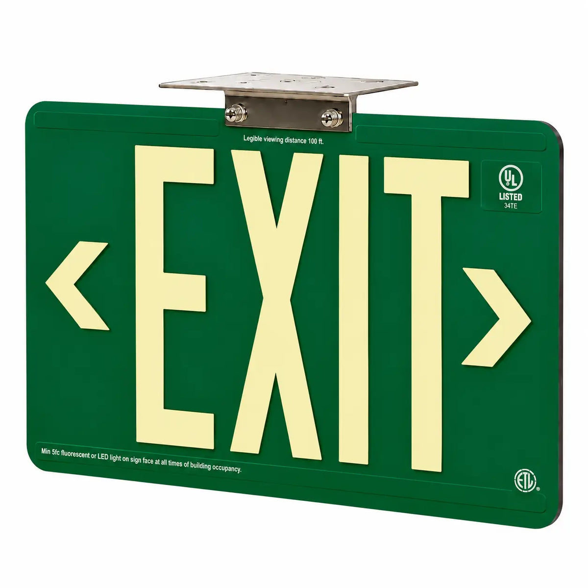 Power Free Exit Sign 100" Viewing Distance - UL Listed - Outdoor Rated- Made In USA - Green, ceiling mounted view