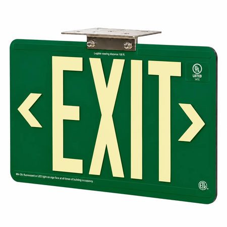Power Free Exit Sign 100" Viewing Distance - UL Listed - Outdoor Rated- Made In USA - Green, ceiling mounted view