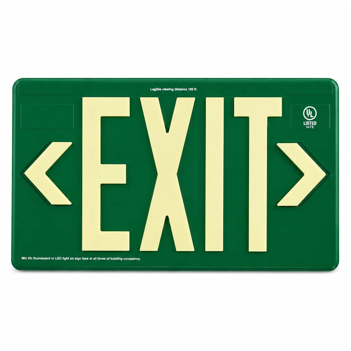 Power Free Exit Sign 100" Viewing Distance - UL Listed - Outdoor Rated- Made In USA - Green, front view