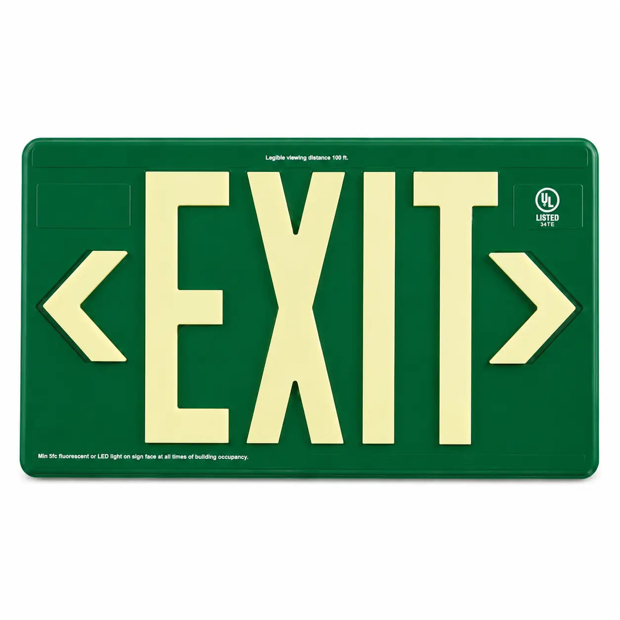 Power Free Exit Sign 100" Viewing Distance - UL Listed - Outdoor Rated- Made In USA - Green, front view