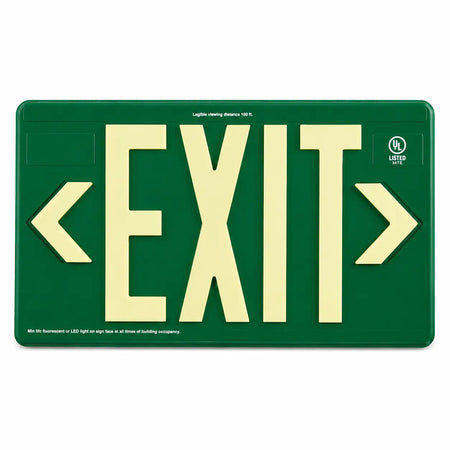 Power Free Exit Sign 100" Viewing Distance - UL Listed - Outdoor Rated- Made In USA - Green, front view