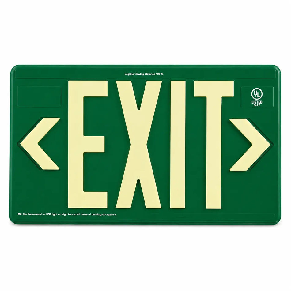 Power Free Exit Sign 100" Viewing Distance - UL Listed - Outdoor Rated- Made In USA - Green, front view