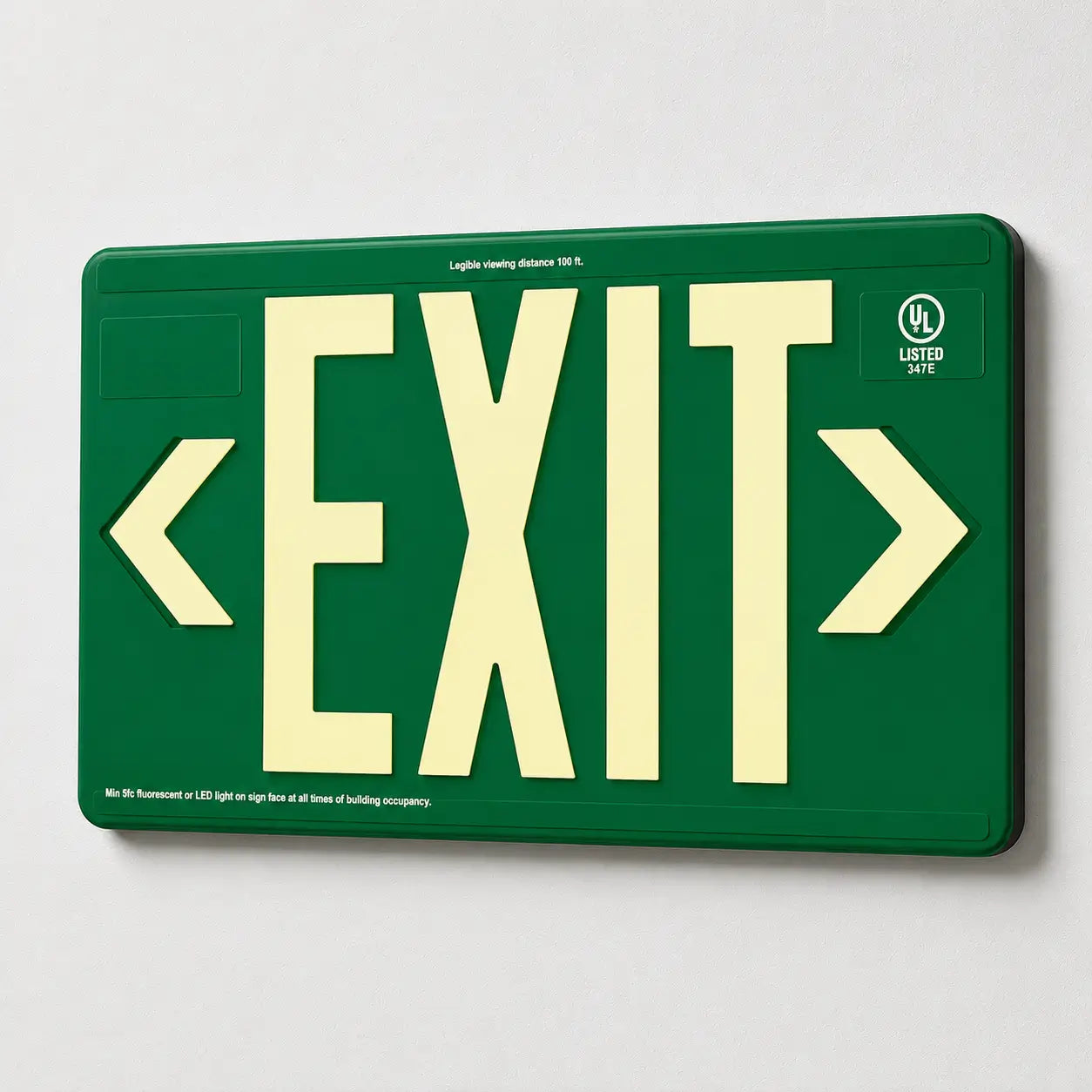 Power Free Exit Sign 100" Viewing Distance - UL Listed - Outdoor Rated- Made In USA - Green, wall mount view