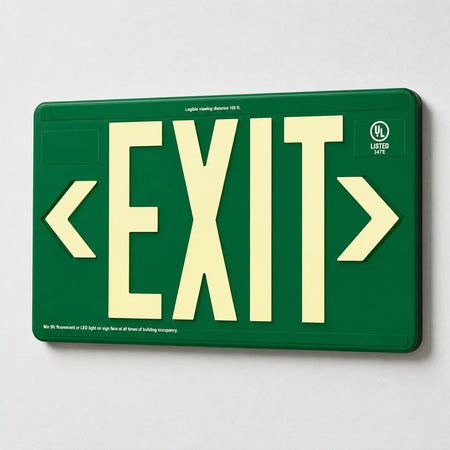 Power Free Exit Sign 100" Viewing Distance - UL Listed - Outdoor Rated- Made In USA - Green, wall mount view