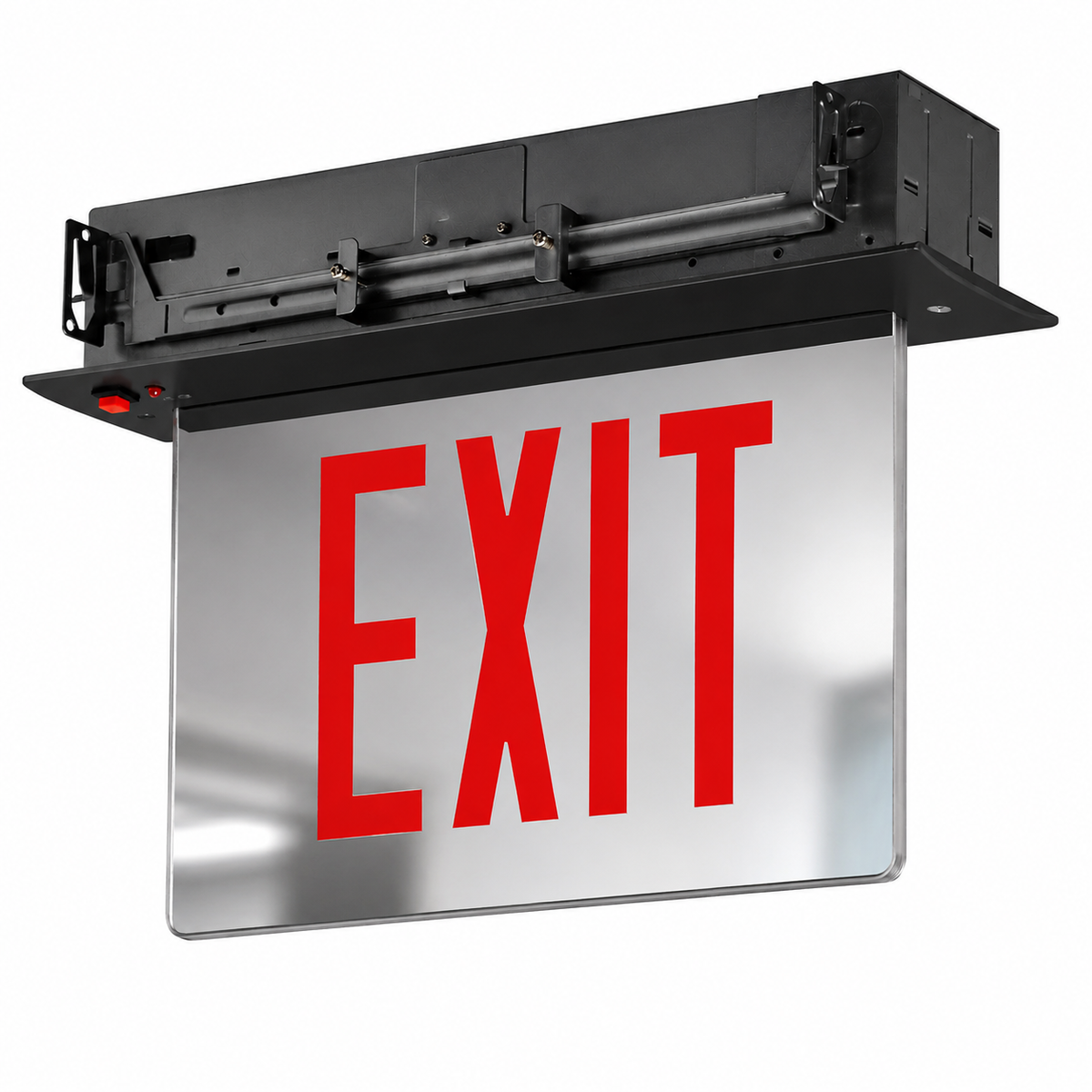 black trim exit sign- recessed ceiling mount - mirror panel - double sided