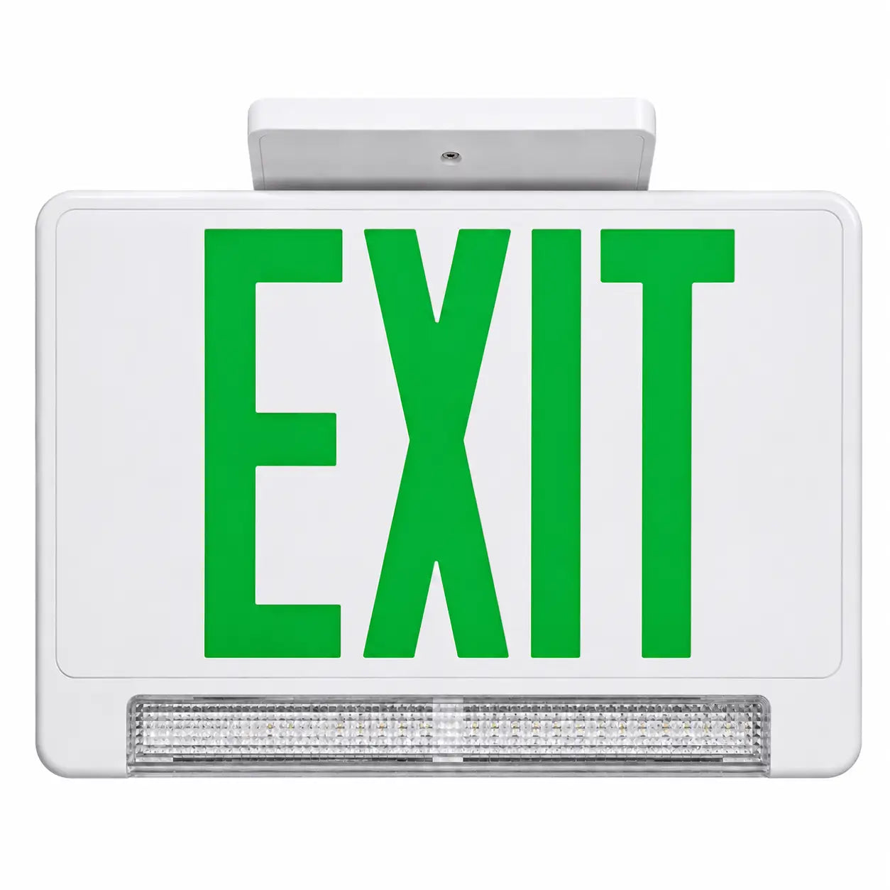 Remote Capable Green LED Light Bar Combo Exit Sign, ceiling mount view