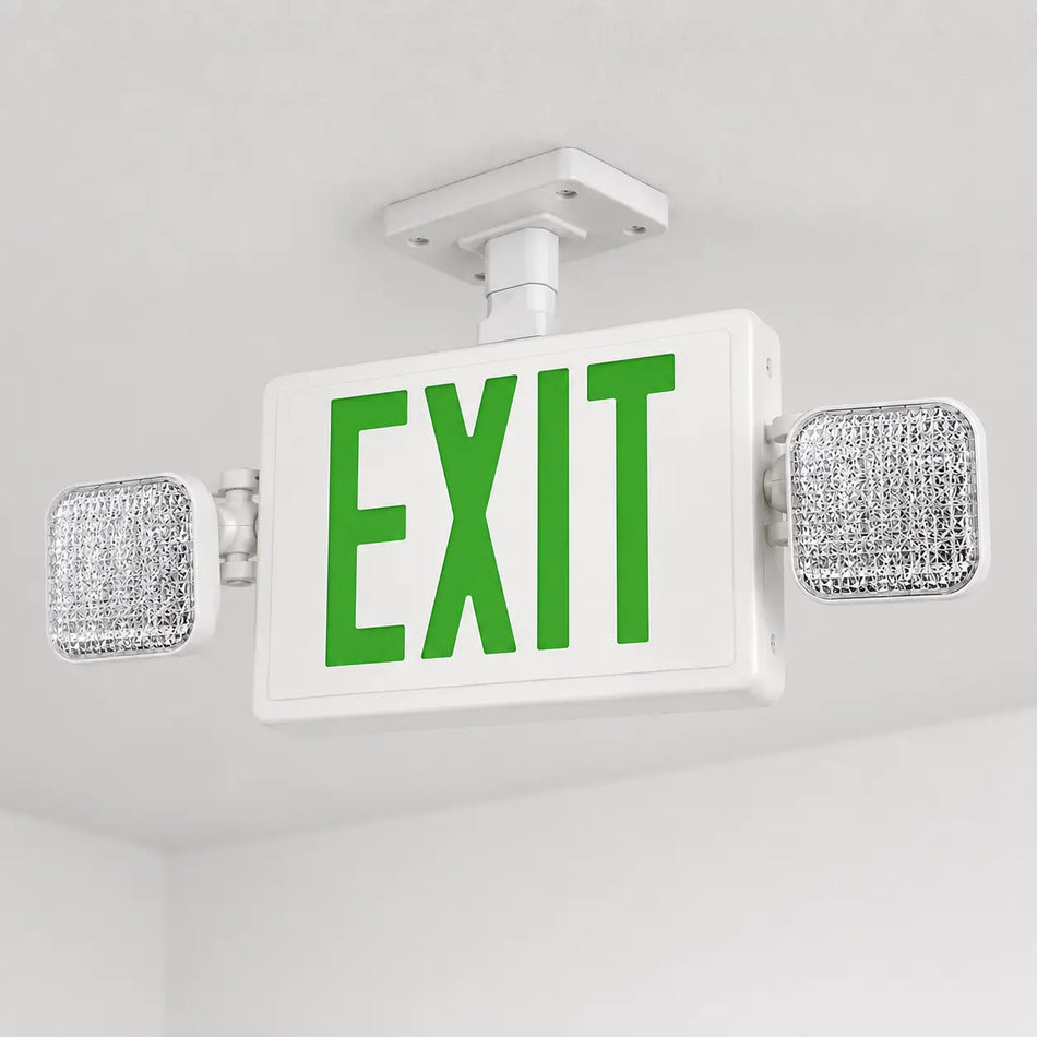 Remote capable and self diagnostic combo green exit sign and emergency light, ceiling mounted