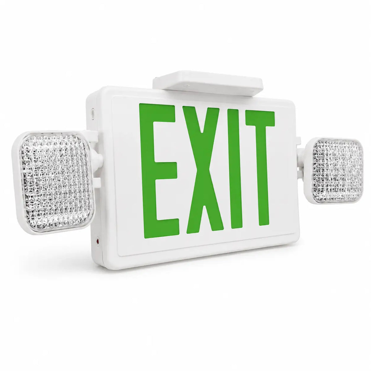 Remote capable and self diagnostic combo green exit sign and emergency light, left angle view