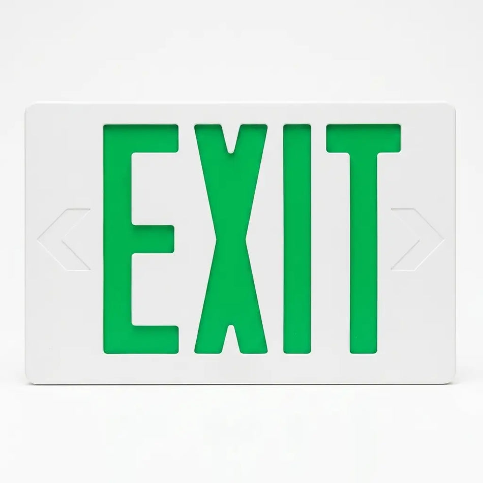 Remote Capable Thermoplastic Exit Sign Green or Red LED White Housing with Battery Back-up, front view