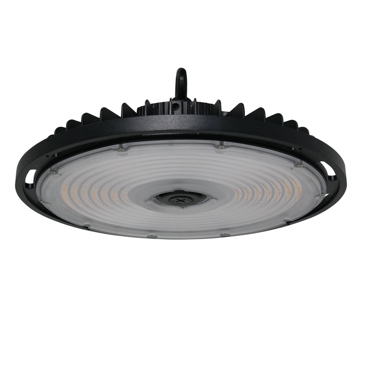 A round high bay LED fixture with a black housing and visible LED lights, designed for industrial or commercial lighting.