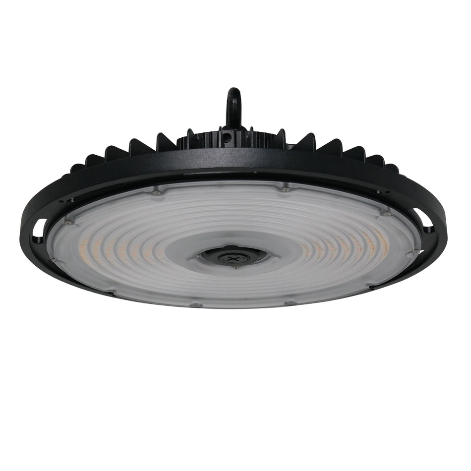 A round high bay LED fixture with a black housing and visible LED lights, designed for industrial or commercial lighting.