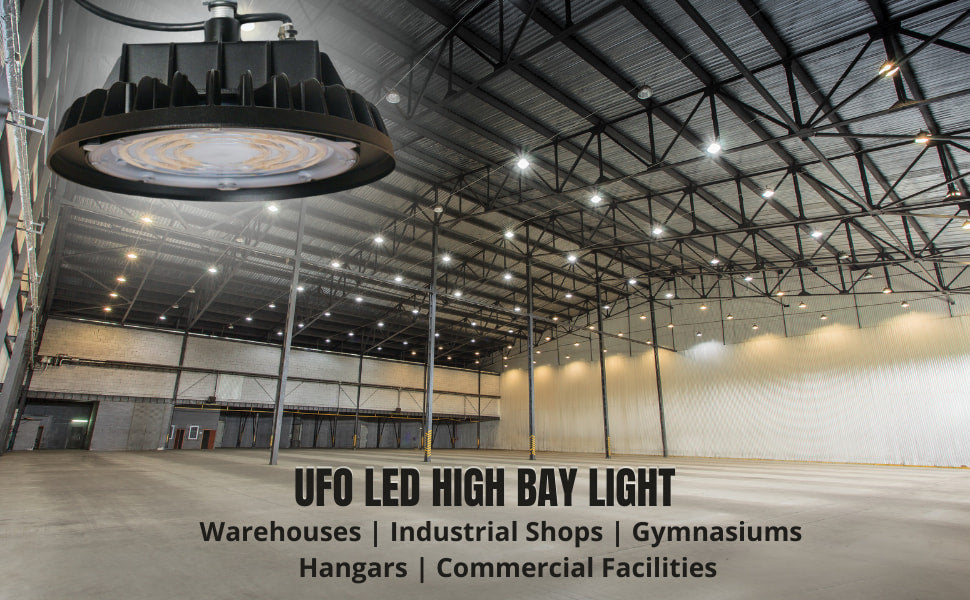 Round LED high bay lighting installed in warehouse 277-480V commercial application