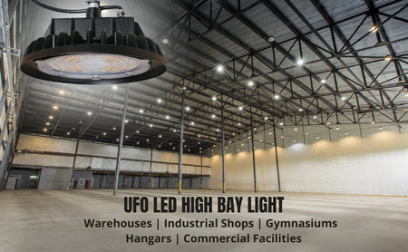 Round LED high bay lighting installed in warehouse 277-480V commercial application