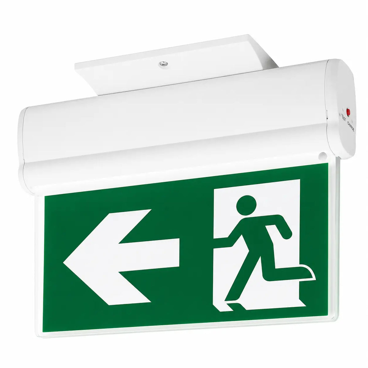 Running Man Edge Lit Exit Sign - Pivoting Panel - Battery, ceiling mounting