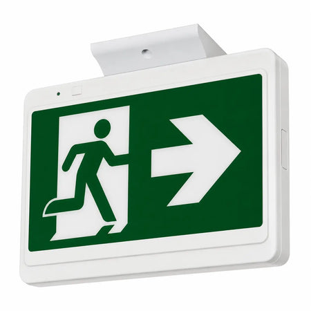Running Man LED Exit Sign With Directional Arrows - Battery Backup - Universal Mount, ceiling mounting