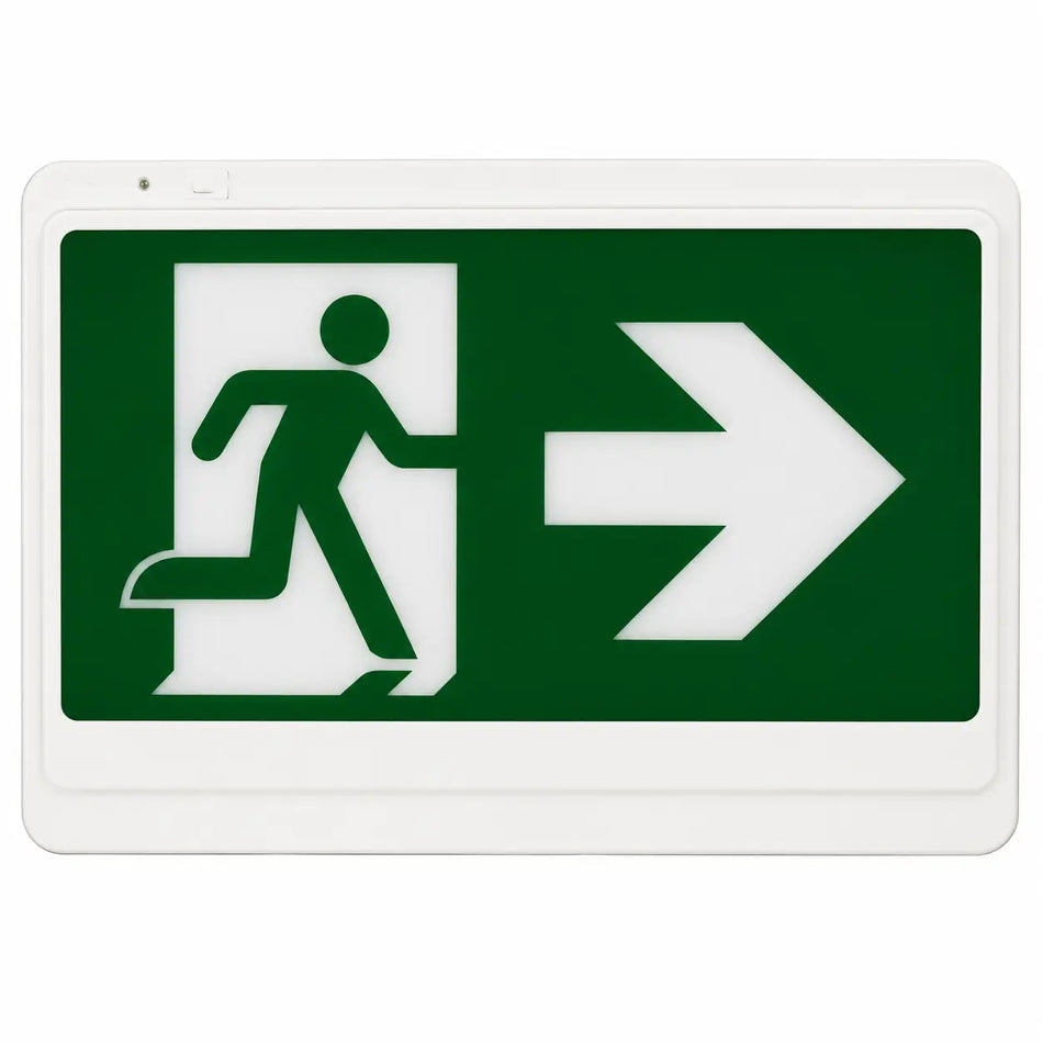 Running Man LED Exit Sign With Directional Arrows - Battery Backup - Universal Mount, front view