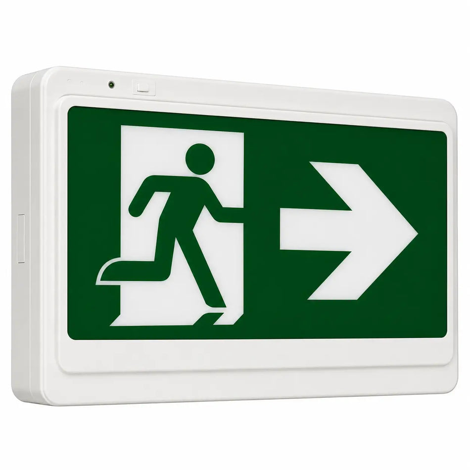 Running Man LED Exit Sign With Directional Arrows - Battery Backup - Universal Mount, side view