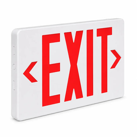 Self Testing Exit Sign Red LED White Housing with Battery, left angle