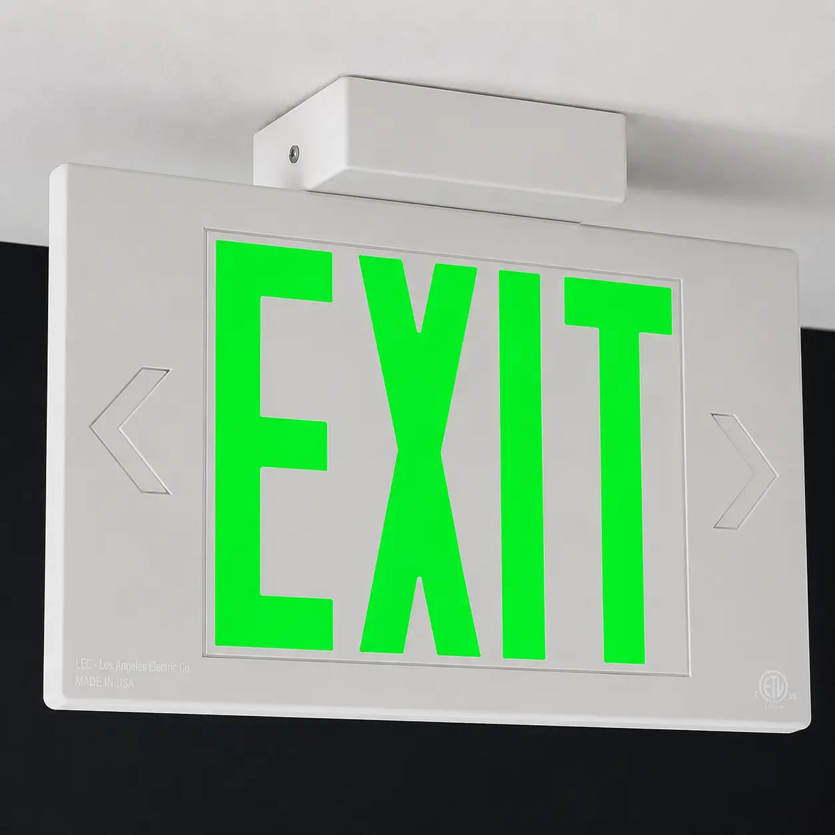 Steel Industrial Exit Sign Green LED with Battery Backup, ceiling mount view
