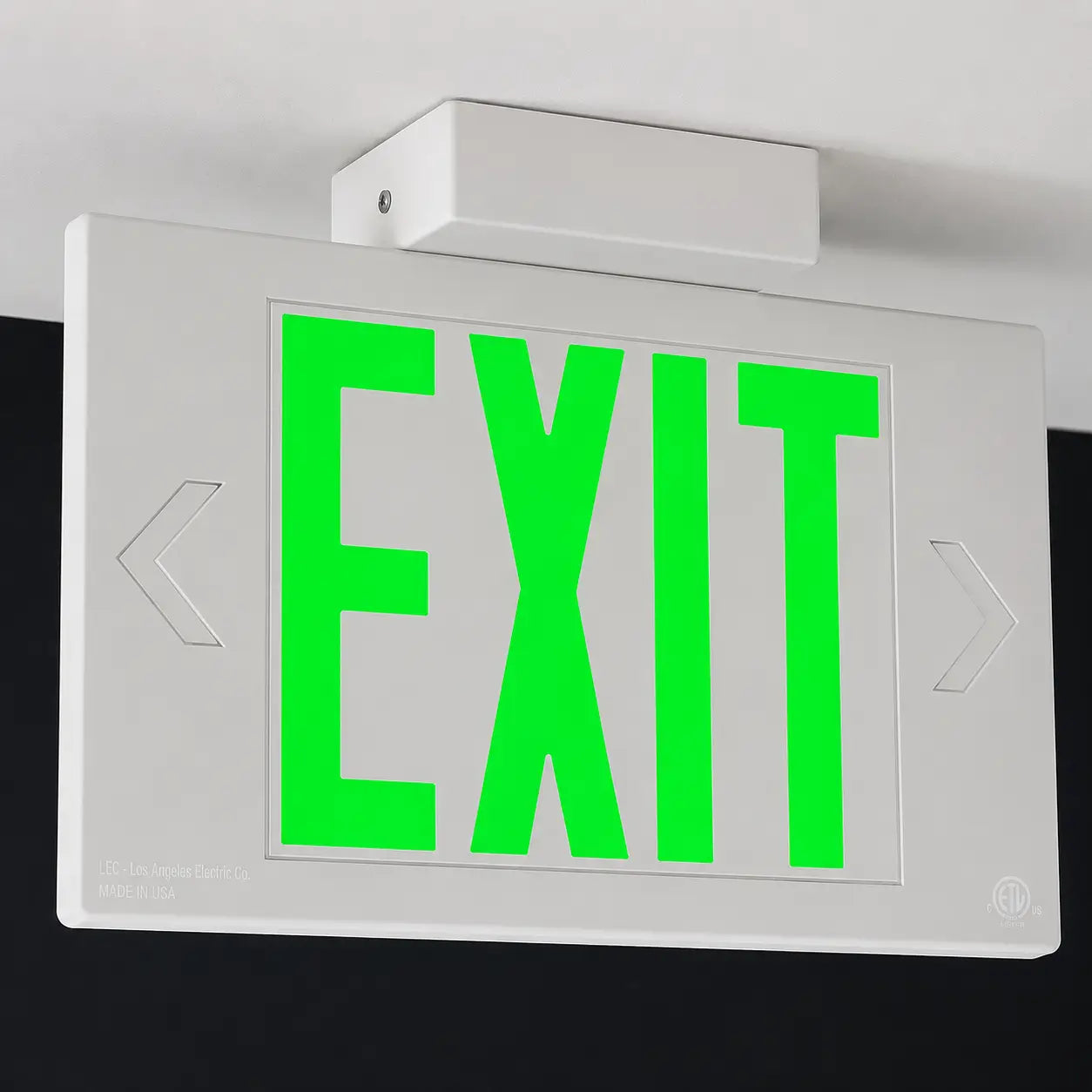 Steel Industrial Exit Sign Green LED with Battery Backup, ceiling mount view